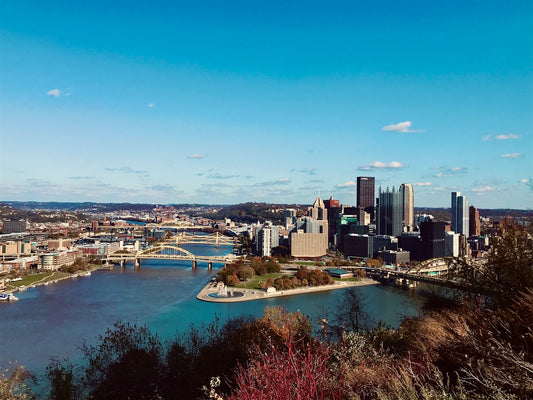 a view of a city with a river running through it